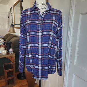 Lands’ End Deep Blue Plaid Flannel Women’s Shirt Sz S